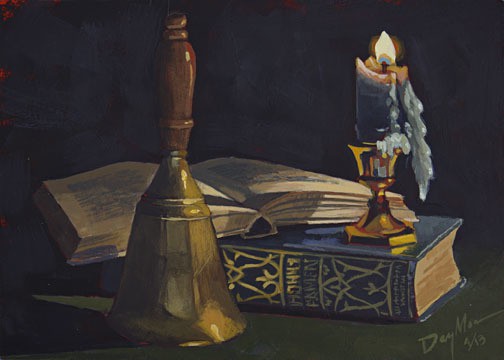 bell, book and candle, acrylic on mdf, 5" x 7"