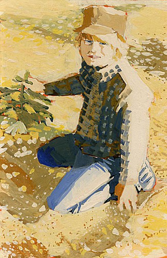 Boy with Evergreen, Gouache on illustration board, 8.5" x 5.5" 